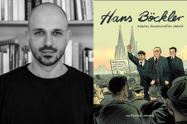 SW-Porträt des Zeichners Matthias Lehmann und Cover Graphic Novel
